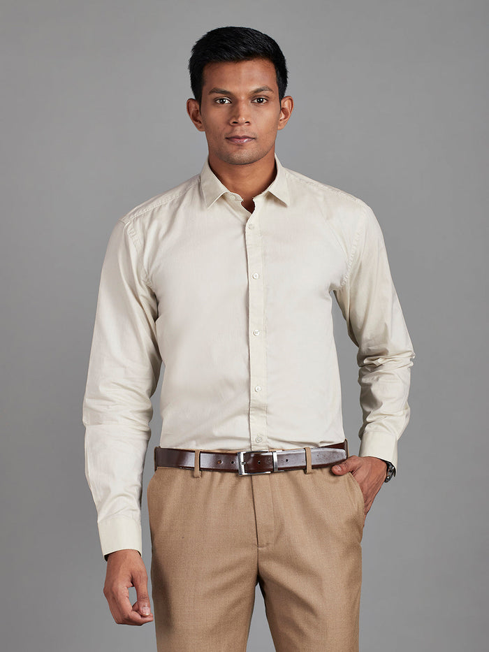 Men's Pure Cotton Oxford Oxford Regular Fit Full Sleeve Casual Shirt - Beige