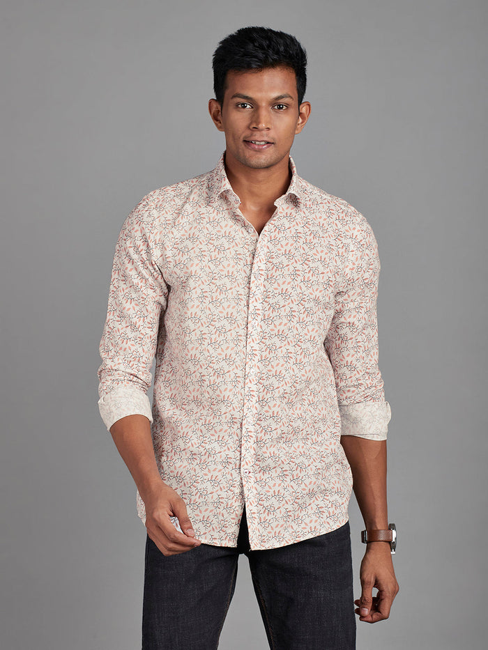 Men's Cotton Linen Printed Printed Slim Fit Full Sleeve Casual Shirt - Pink