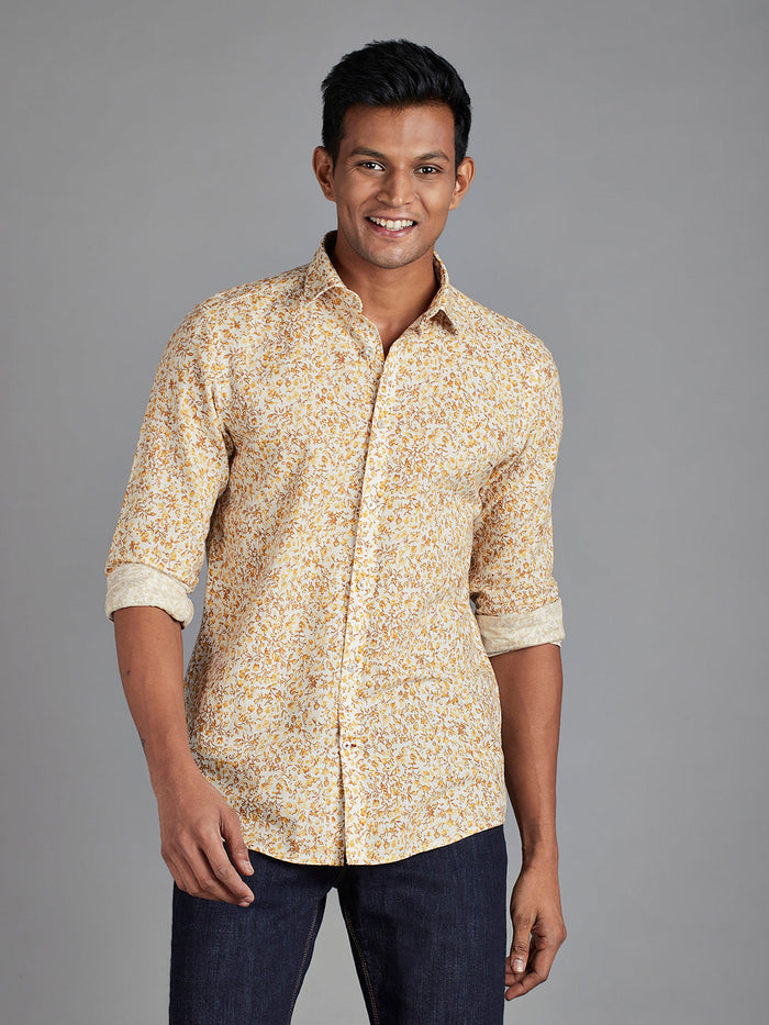 Men's Cotton Linen Printed Printed Slim Fit Full Sleeve Casual Shirt - Gold