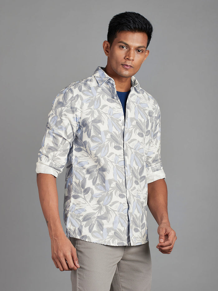 Men's Cotton Linen Printed Printed Slim Fit Full Sleeve Casual Shirt - Blue
