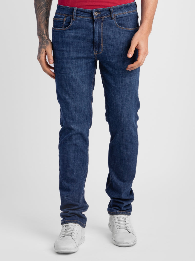 Mid Blue Poly Cotton Blend Jeans for Men | Regular Fit Luxury Wear