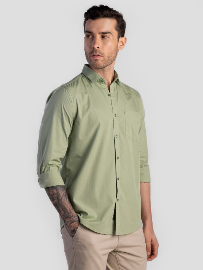 Men's Pure Cotton Plain Slim Fit Full Sleeve Casual Shirt - Green