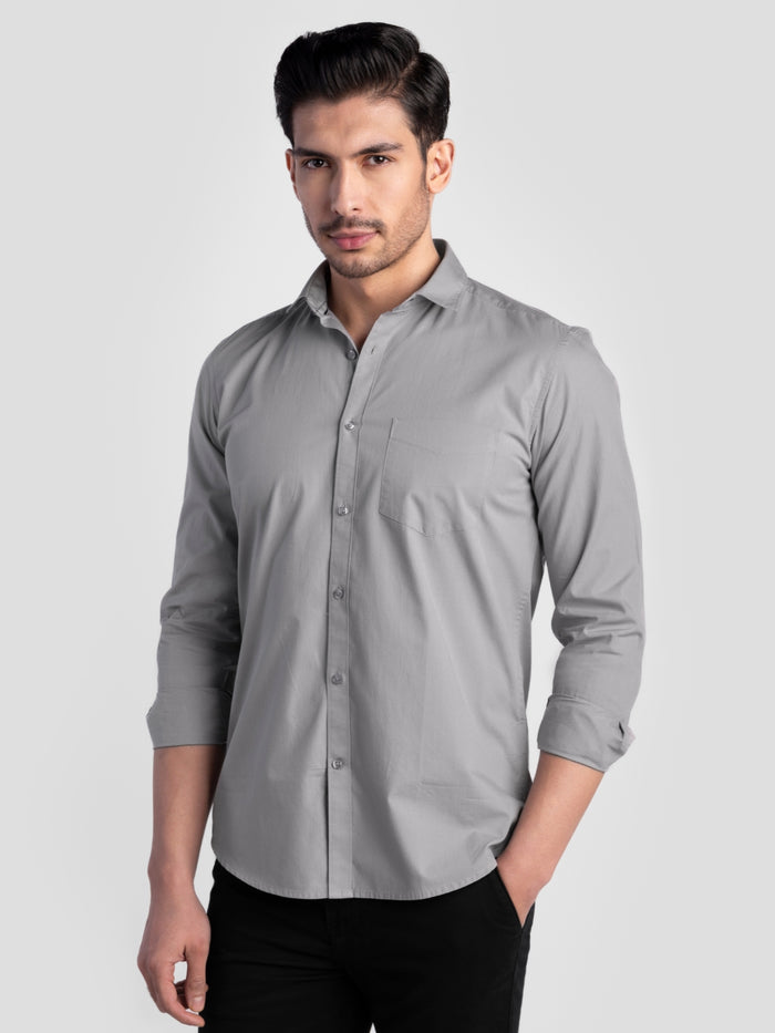Men's Pure Cotton Plain Slim Fit Full Sleeve Casual Shirt - Grey