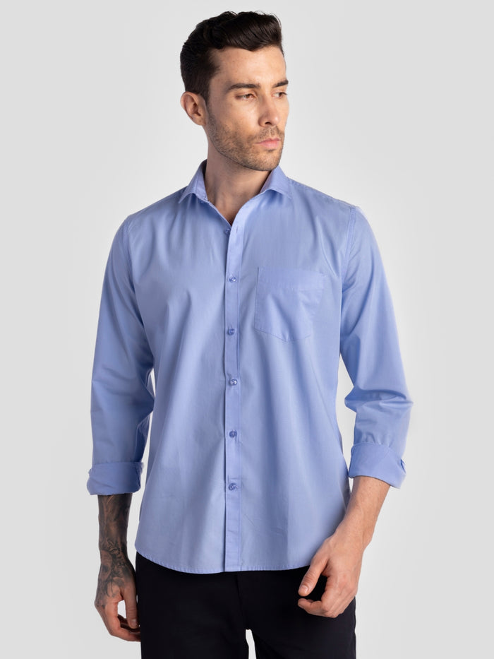 Men's Pure Cotton Plain Slim Fit Full Sleeve Casual Shirt - Blue