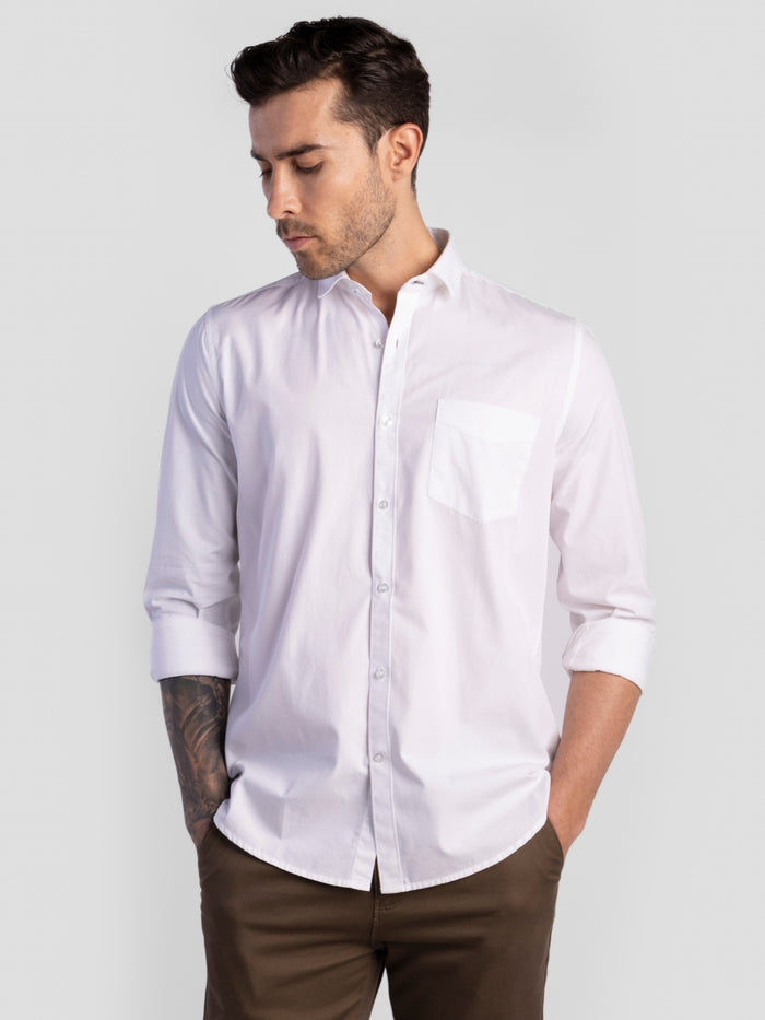 Men's Pure Cotton Plain Slim Fit Full Sleeve Casual Shirt - White