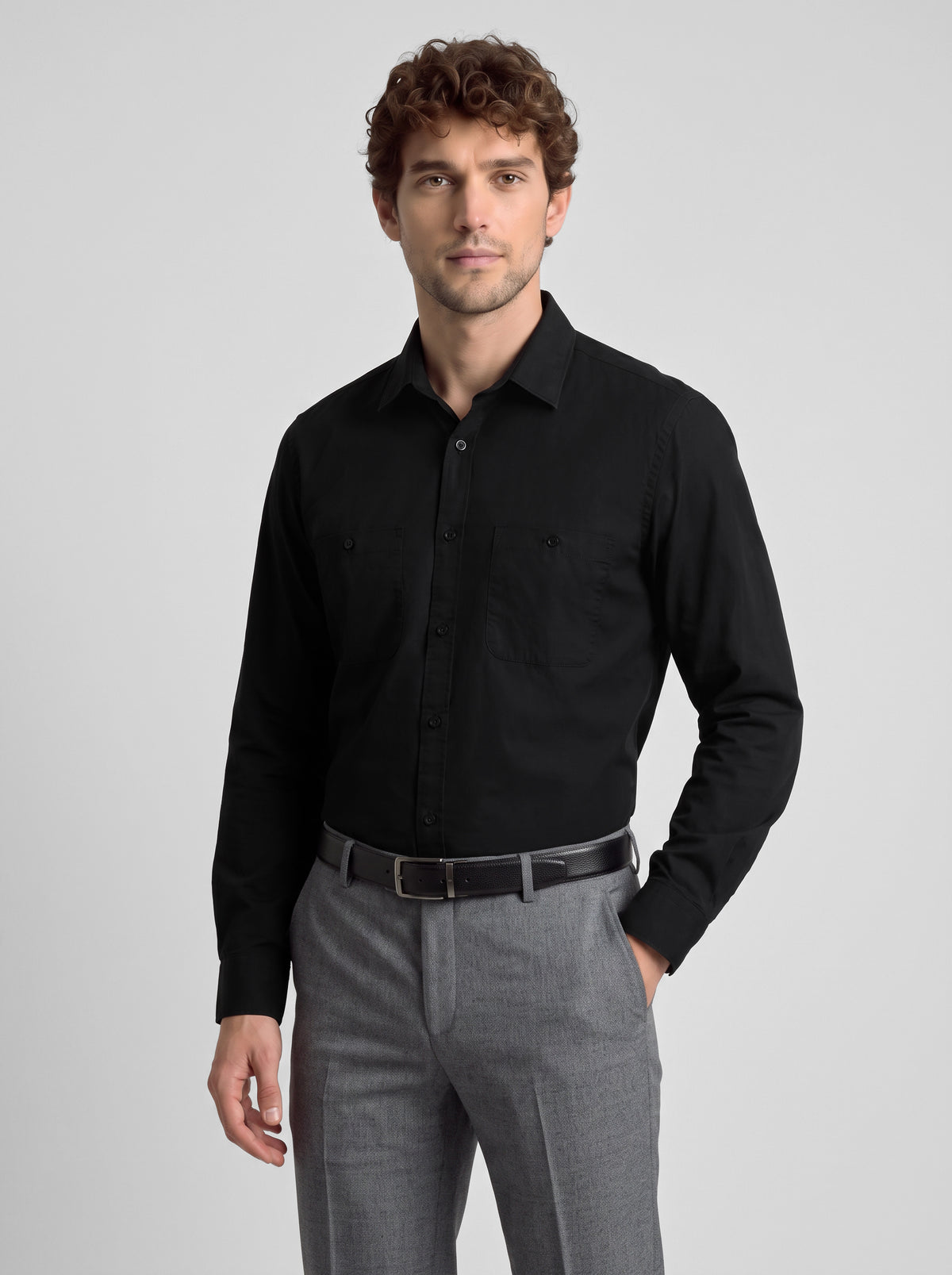 Men's Pure Cotton Plain Slim Fit Full Sleeve Casual Shirt - Black