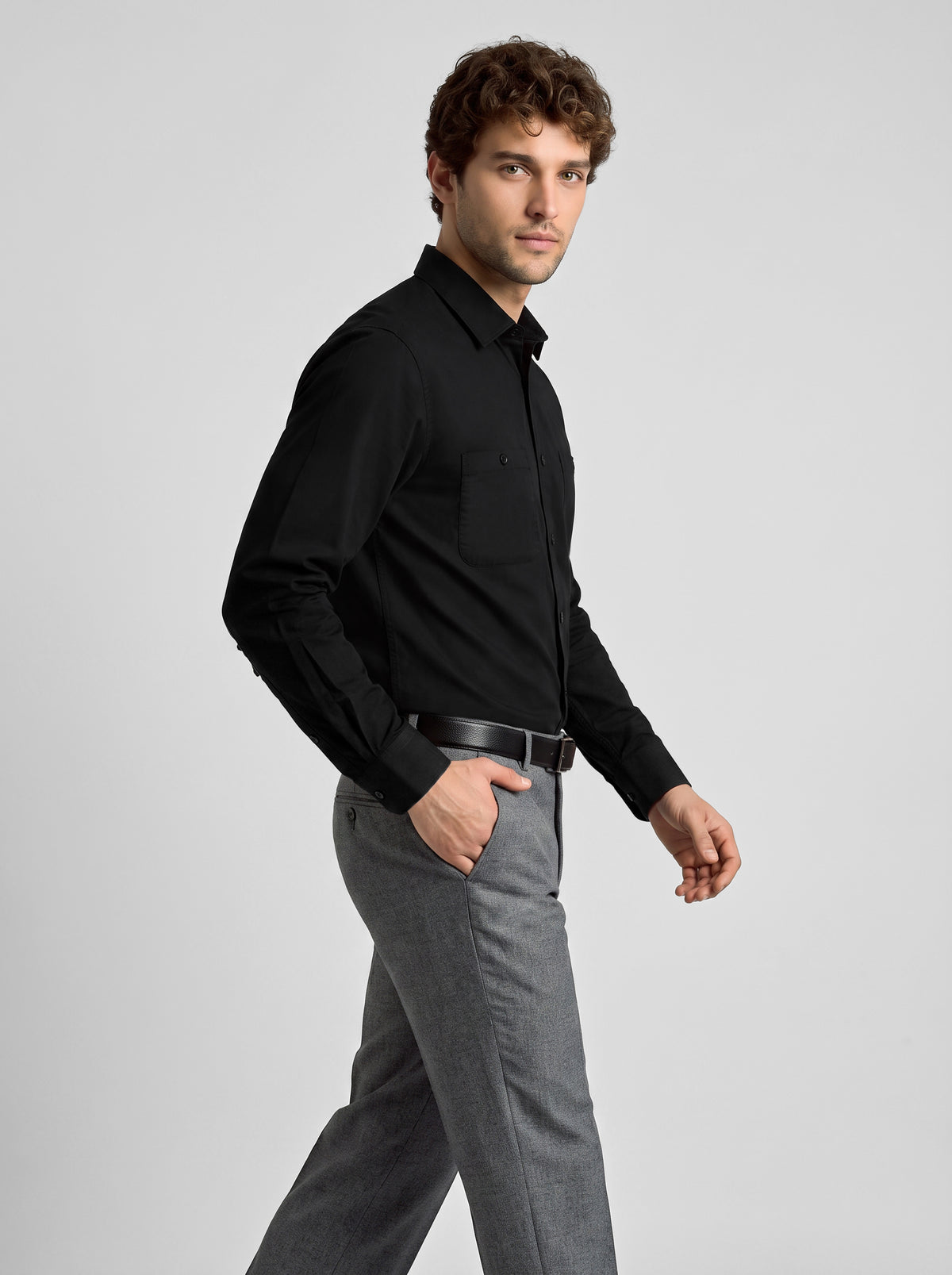 Men's Pure Cotton Plain Slim Fit Full Sleeve Casual Shirt - Black