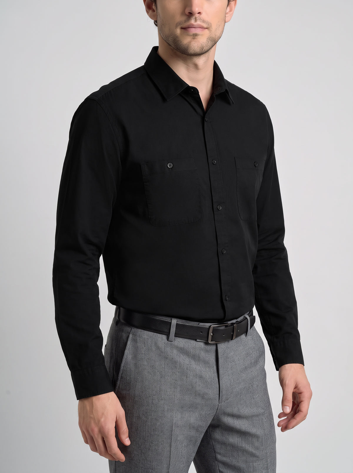 Men's Pure Cotton Plain Slim Fit Full Sleeve Casual Shirt - Black