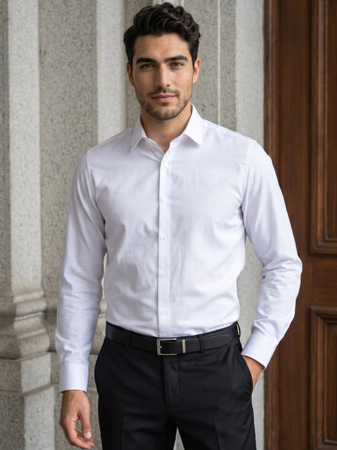Men's Pure Cotton Dobby Solid Slim Fit Full Sleeve Formal Shirt - White