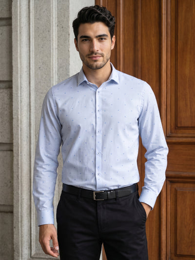 Men's Pure Cotton Buta Dobby Solid Slim Fit Full Sleeve Formal Shirt - Blue