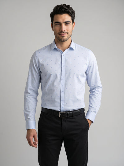 Men's Pure Cotton Buta Dobby Solid Slim Fit Full Sleeve Formal Shirt - Blue