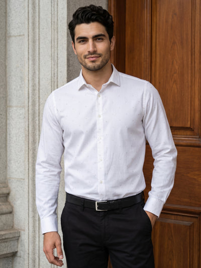 Men's Pure Cotton Buta Dobby Solid Slim Fit Full Sleeve Formal Shirt - Cream