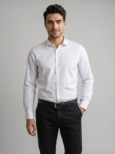Men's Pure Cotton Buta Dobby Solid Slim Fit Full Sleeve Formal Shirt - Cream