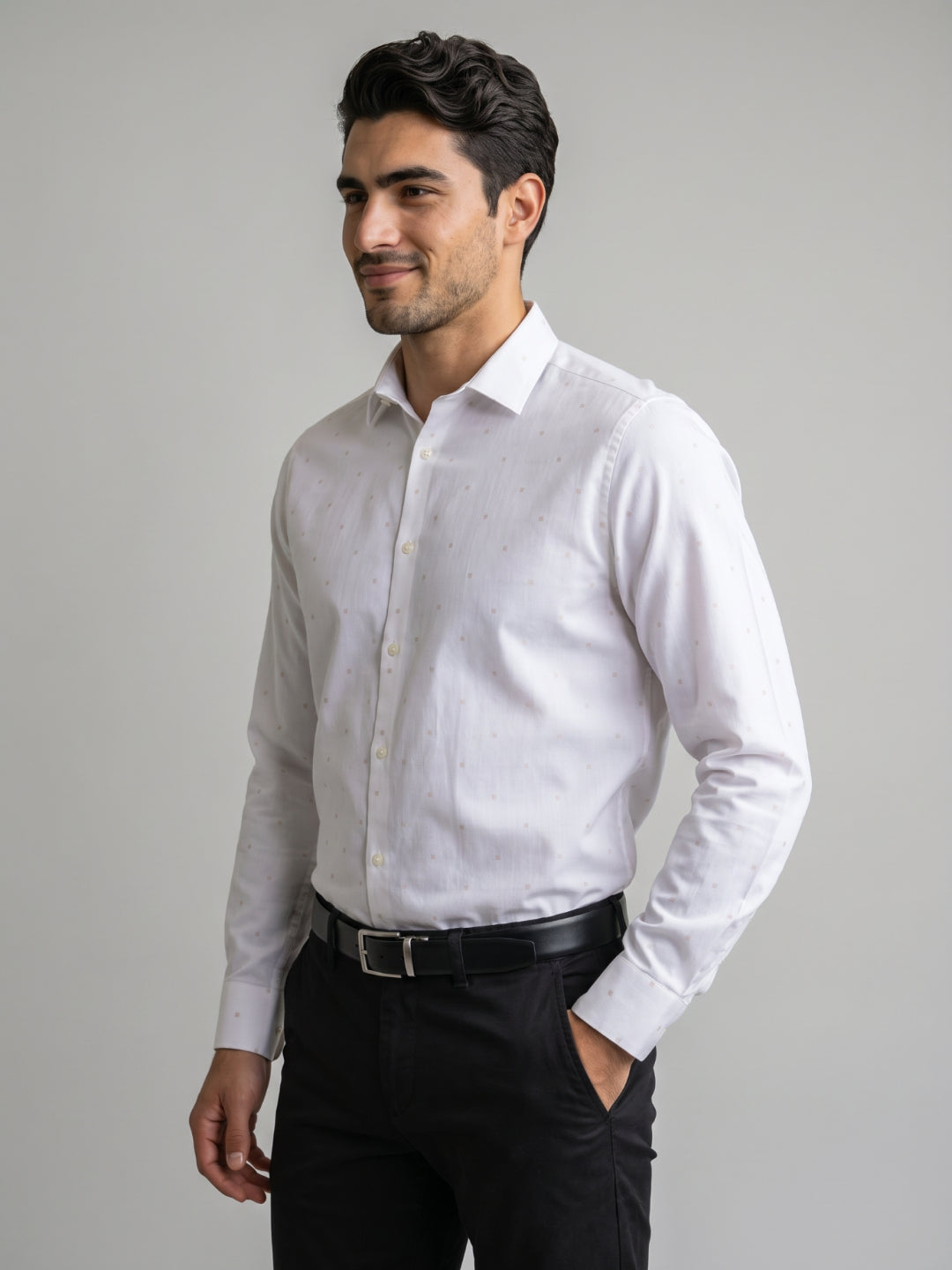 Men's Pure Cotton Buta Dobby Solid Slim Fit Full Sleeve Formal Shirt - Cream