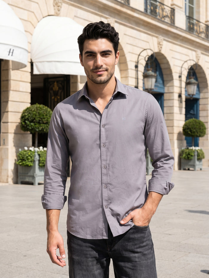 Men's Cotton Stretch Solid Slim Fit Full Sleeve Casual Shirt - Ash Grey
