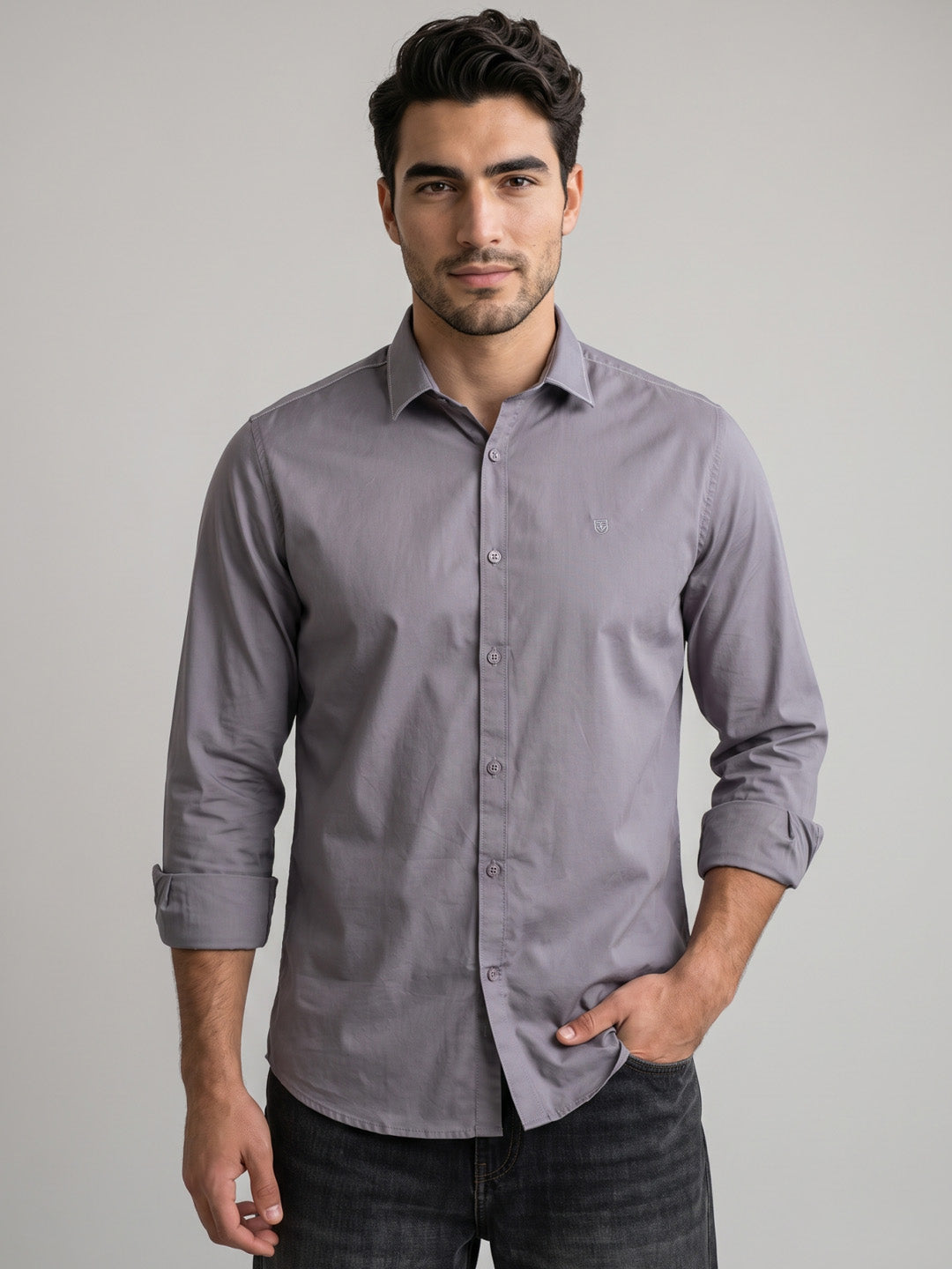 Men's Cotton Stretch Solid Slim Fit Full Sleeve Casual Shirt - Ash Grey