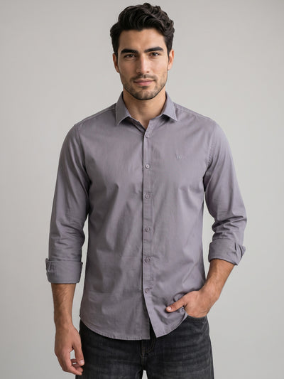 Men's Cotton Stretch Solid Slim Fit Full Sleeve Casual Shirt - Ash Grey