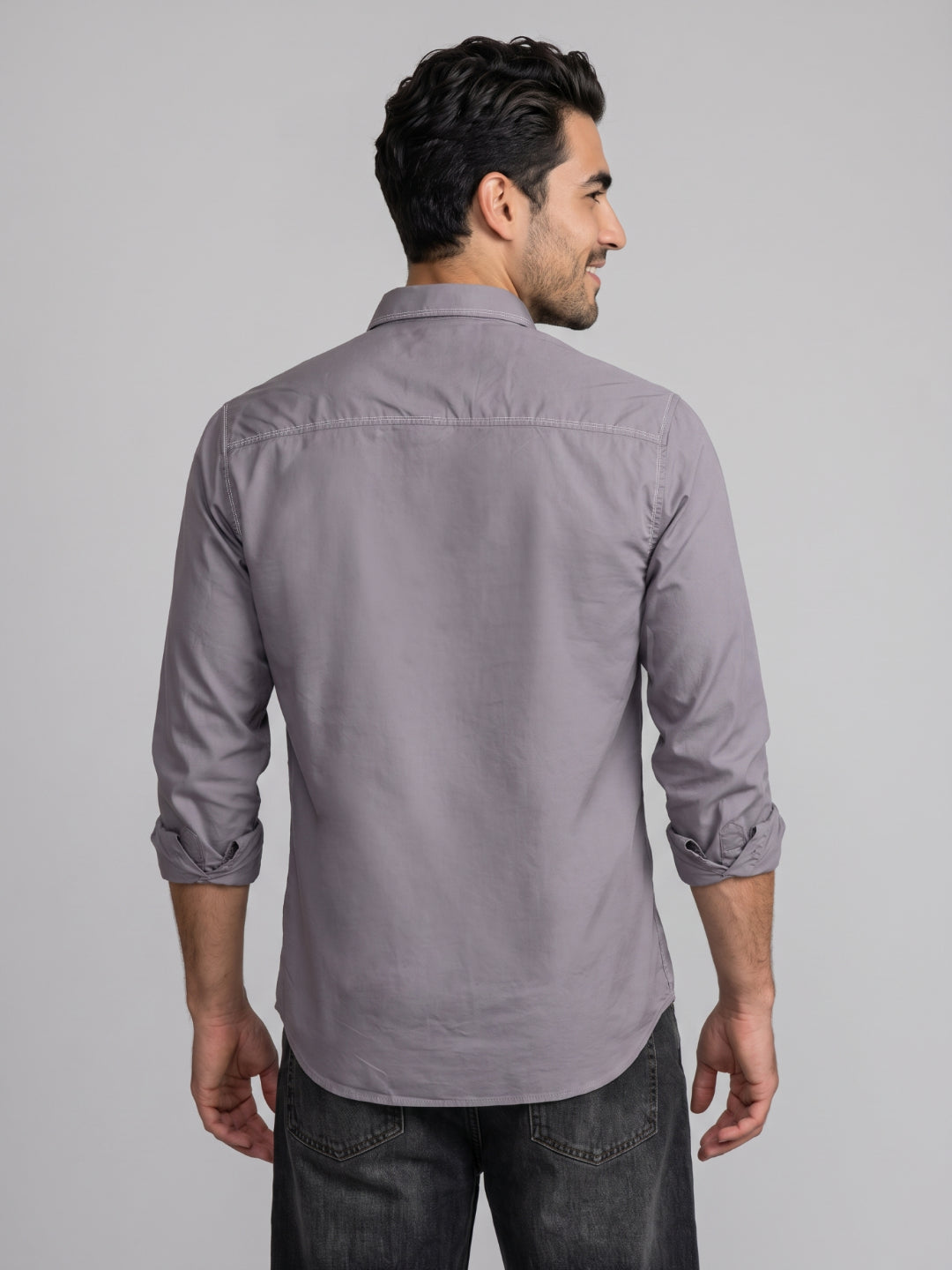 Men's Cotton Stretch Solid Slim Fit Full Sleeve Casual Shirt - Ash Grey