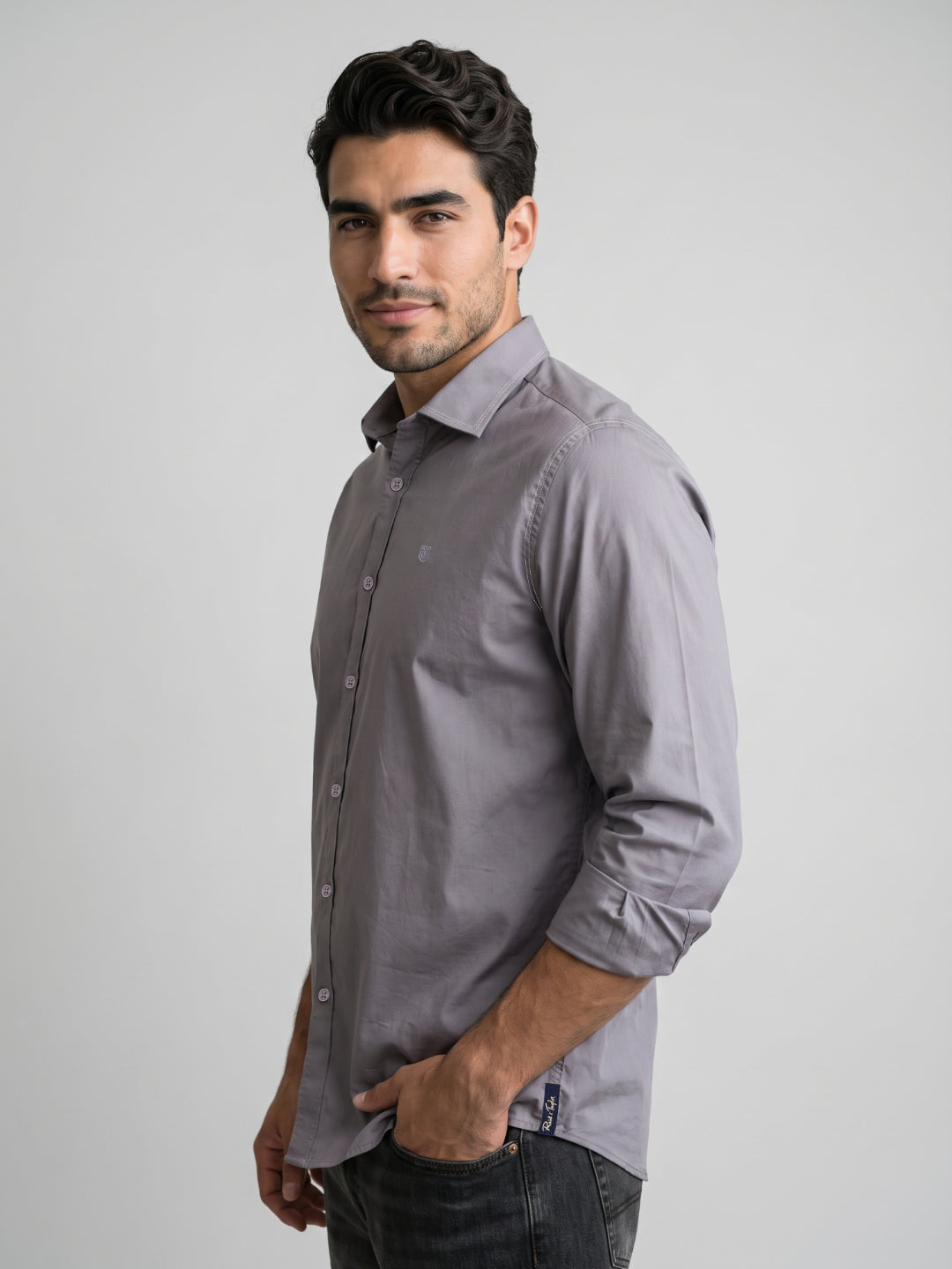Men's Cotton Stretch Solid Slim Fit Full Sleeve Casual Shirt - Ash Grey