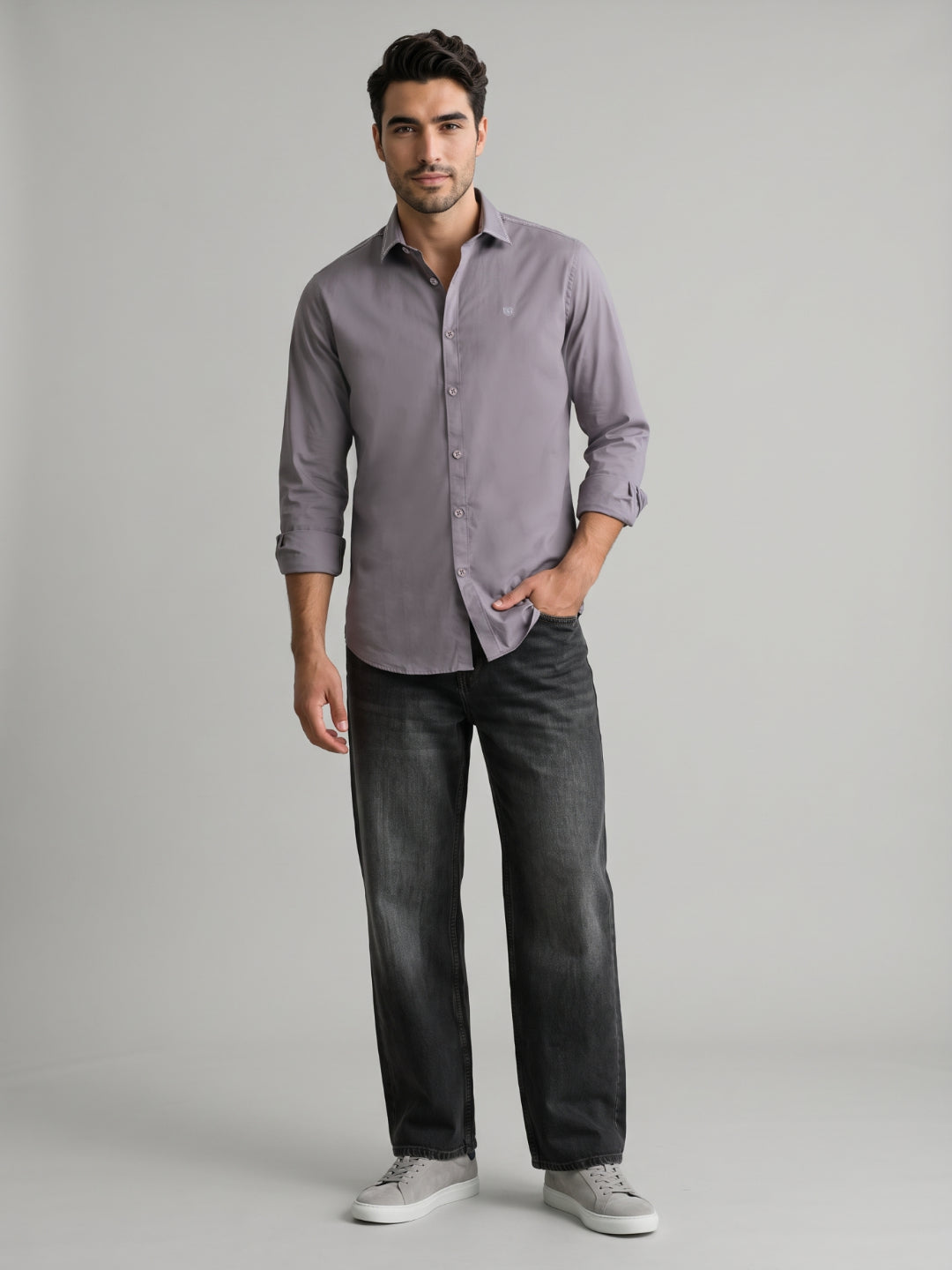Men's Cotton Stretch Solid Slim Fit Full Sleeve Casual Shirt - Ash Grey