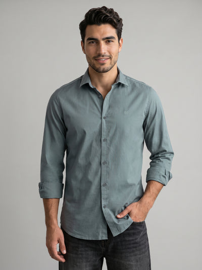 Men's Cotton Stretch Solid Slim Fit Full Sleeve Casual Shirt - Green