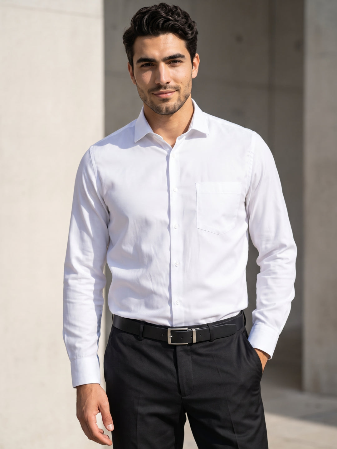 Men's Pure Cotton Dobby Solid Slim Fit Full Sleeve Formal Shirt - White