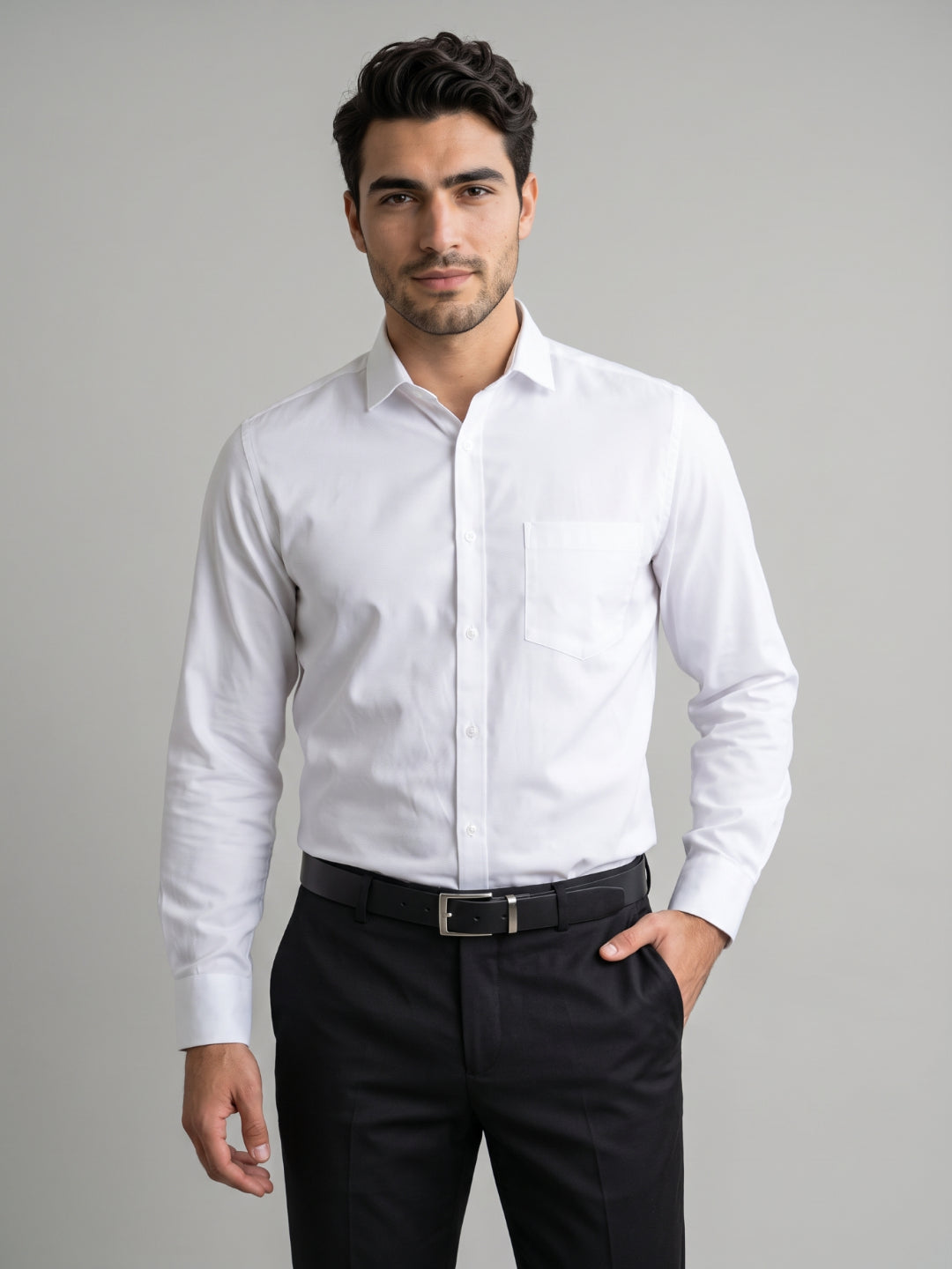 Men's Pure Cotton Dobby Solid Slim Fit Full Sleeve Formal Shirt - White