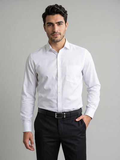 Men's Pure Cotton Dobby Solid Slim Fit Full Sleeve Formal Shirt - White