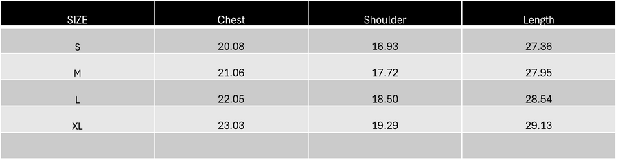 Size Chart in Inch